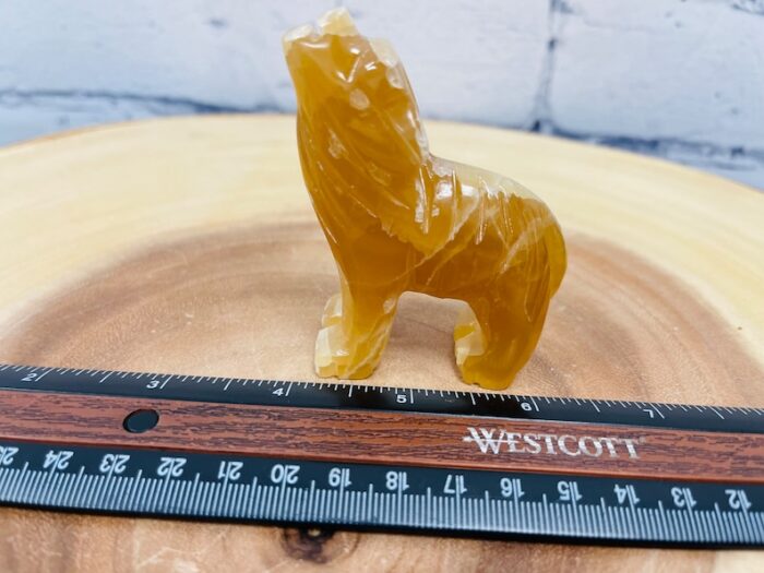 Honey Calcite Howling Wolf Figurine, Crystal Carving Standing Statuette, Reiki Metaphysical Healing Crystal, Sacred Animal, 3 Inch