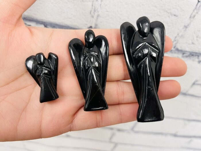 Black Tourmaline Crystal Angel Figurine, Standing Statuette. 1 , 2 & 3 Inch