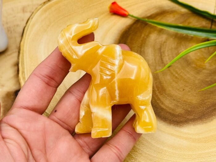 Orange Calcite Elephant Figurine, Yellow Calcite Animal Caving, Sacred Animal 3 inch