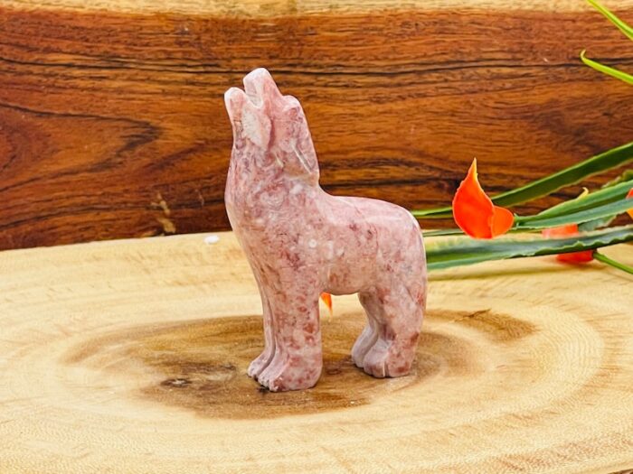 Strawberry Pink Onyx Howling Wolf Figurine, Crystal Carving Standing Statuette, Reiki Metaphysical Healing Crystal, Sacred Animal 3 Inch