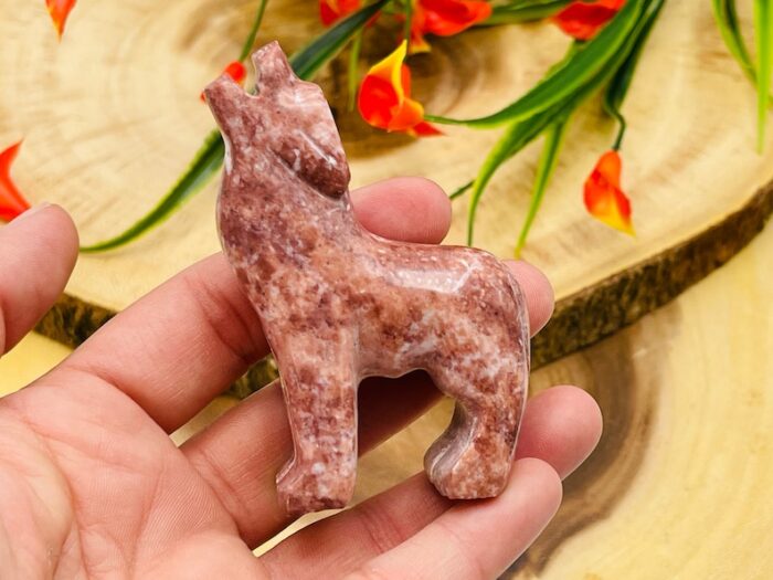 Strawberry Pink Onyx Howling Wolf Figurine, Crystal Carving Standing Statuette, Reiki Metaphysical Healing Crystal, Sacred Animal 3 Inch