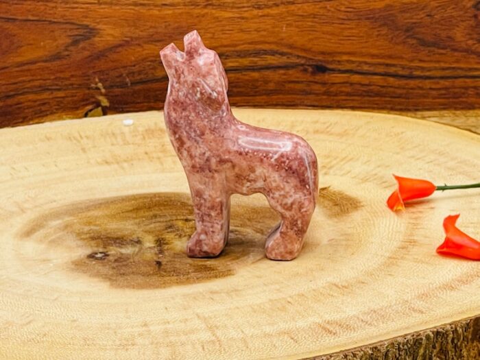 Strawberry Pink Onyx Howling Wolf Figurine, Crystal Carving Standing Statuette, Reiki Metaphysical Healing Crystal, Sacred Animal 3 Inch