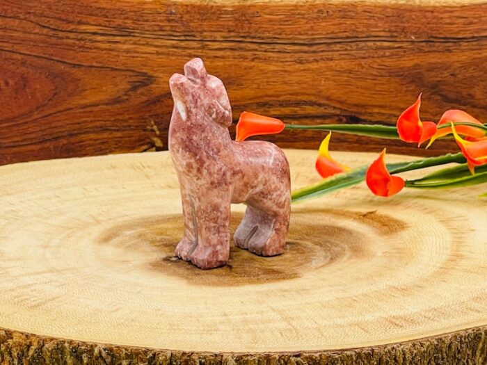 Strawberry Pink Onyx Howling Wolf Figurine, Crystal Carving Standing Statuette, Reiki Metaphysical Healing Crystal, Sacred Animal 3 Inch