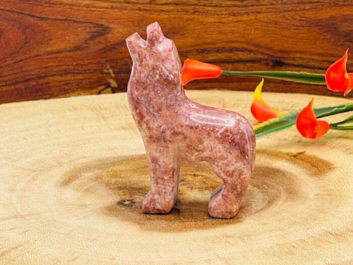 Strawberry Pink Onyx Howling Wolf Figurine, Crystal Carving Standing Statuette, Reiki Metaphysical Healing Crystal, Sacred Animal 3 Inch