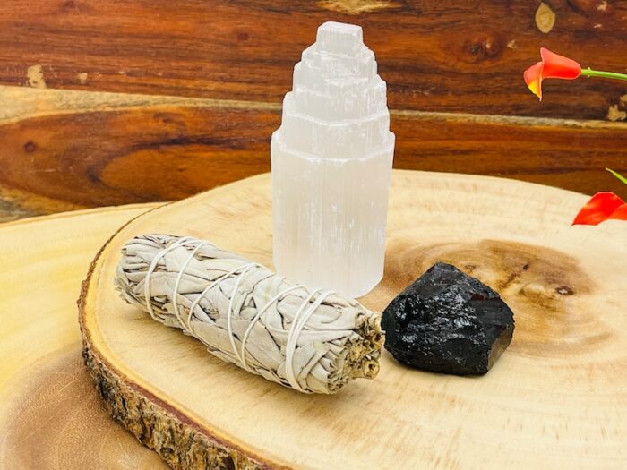 Smudge and Cleansing Kit, Set of Sage Smudge Bundle, Selenite Crystal Tower & Raw Black Tourmaline Chunk, Healing and Wellness Kit