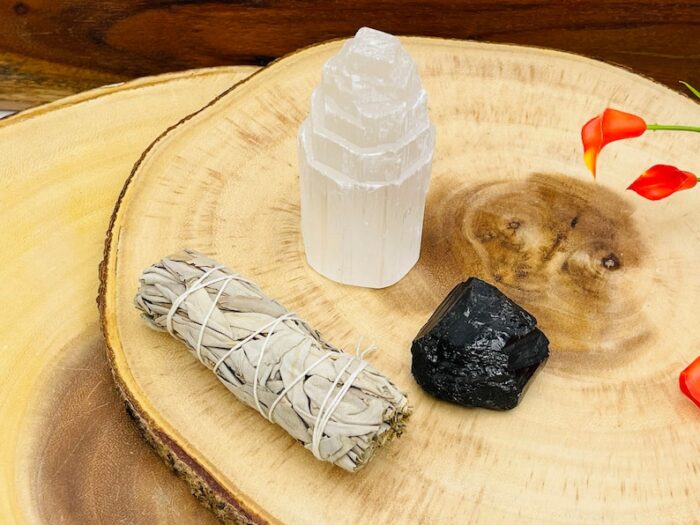 Smudge and Cleansing Kit, Set of Sage Smudge Bundle, Selenite Crystal Tower & Raw Black Tourmaline Chunk, Healing and Wellness Kit