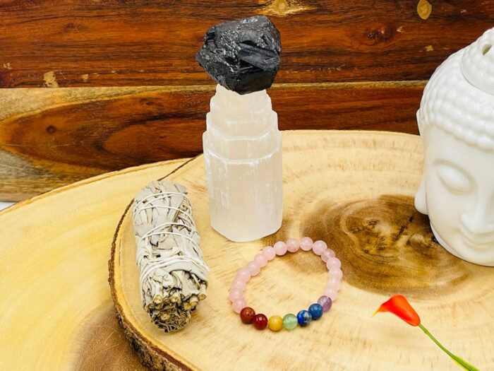 Smudge and Cleansing Kit, Set of Sage Smudge Bundle, Selenite Crystal Tower, Rose Quartz Bracelet & Raw Black Tourmaline Chunk, Healing Kit