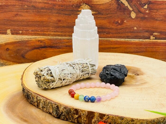 Smudge and Cleansing Kit, Set of Sage Smudge Bundle, Selenite Crystal Tower, Rose Quartz Bracelet & Raw Black Tourmaline Chunk, Healing Kit