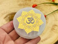 Polished Selenite Crystal Charging Station, Etched Round Charging Plate with OM Sign, 2.5 Inch