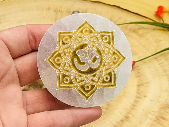 Polished Selenite Crystal Charging Station, Etched Round Charging Plate with OM Sign, 2.5 Inch