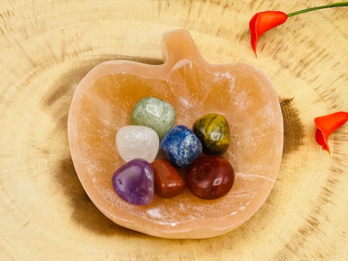 Selenite Crystal Charging Apple Shape Bowl with 7 Chakra Stones & Velvet Pouch, Selenite Crystal Cleansing Charging Station, 4 inch