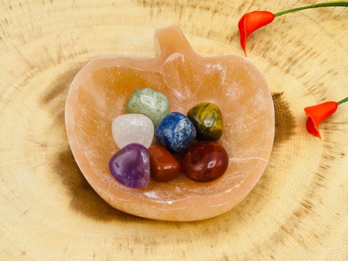 Selenite Crystal Charging Apple Shape Bowl with 7 Chakra Stones & Velvet Pouch, Selenite Crystal Cleansing Charging Station, 4 inch