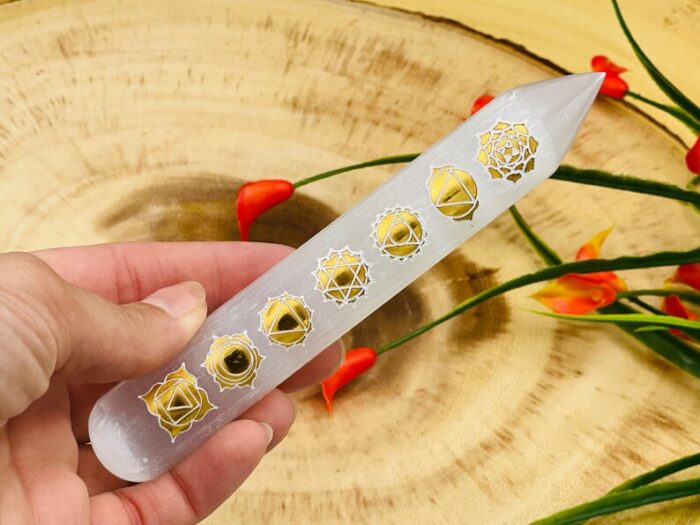 Polished Selenite Crystal Massage Pencil Wand Etched with Chakra Signs, Reiki Tool, Point Wand, 6 inch