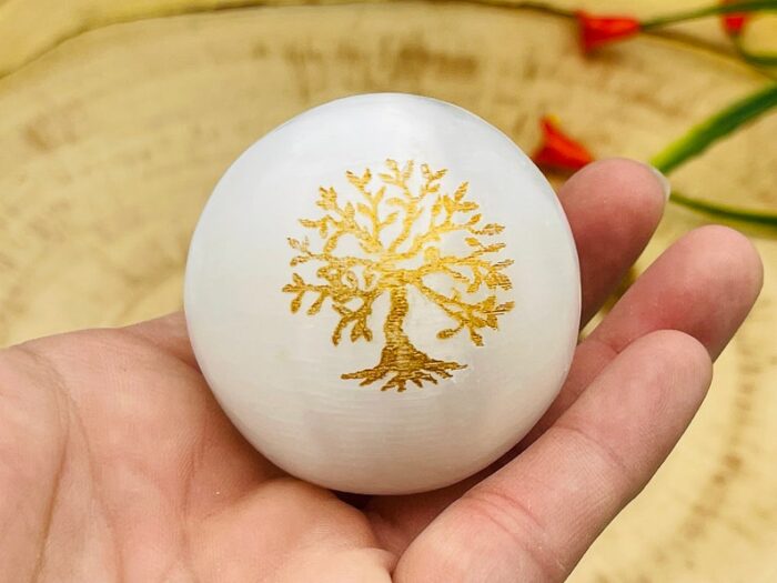 Selenite Crystal Sphere Etched with Tree of Life Design, Healing Crystal Satin Spar ball, 2" inch