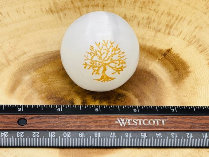 Selenite Crystal Sphere Etched with Tree of Life Design, Healing Crystal Satin Spar ball, 2" inch