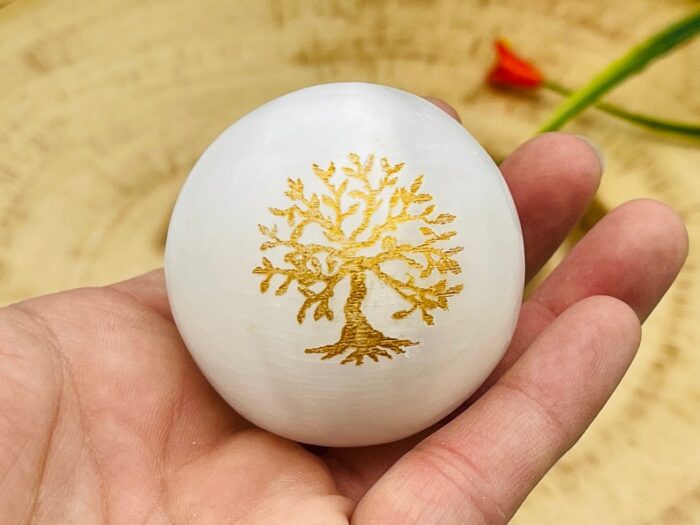 Selenite Crystal Sphere Etched with Tree of Life Design, Healing Crystal Satin Spar ball, 2" inch