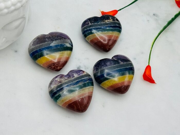 7 Chakra Bonded Heart Stone, Rainbow Heart Palm 2" inch