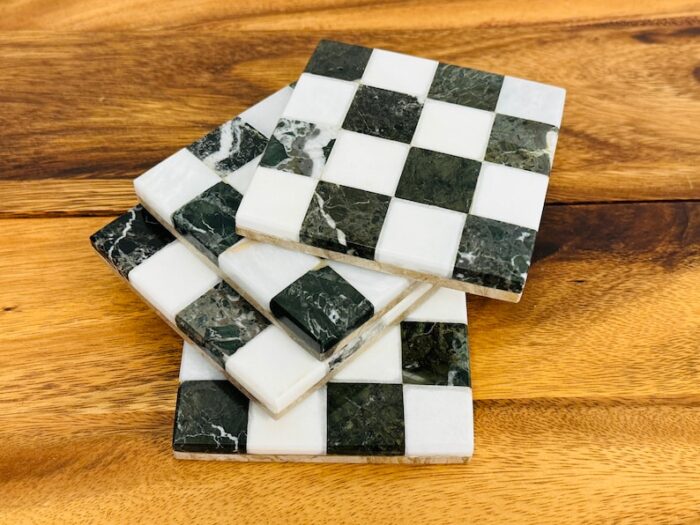 Marble Coaster Set of 4, Graphic Design Chequered Beermat, 4 x 4 Inch , Detergent Safe & Easy to Clean