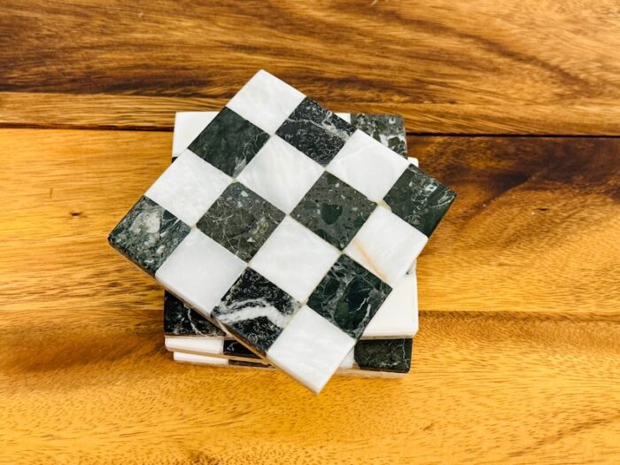 Marble Coaster Set of 4, Graphic Design Chequered Beermat, 4 x 4 Inch , Detergent Safe & Easy to Clean