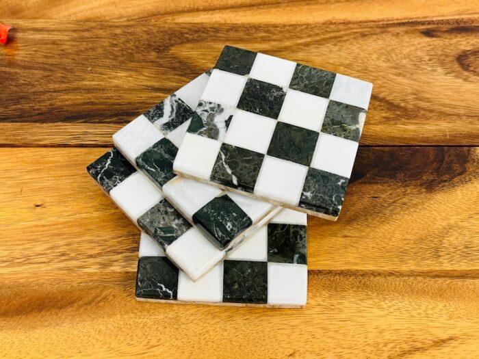 Marble Coaster Set of 4, Graphic Design Chequered Beermat, 4 x 4 Inch , Detergent Safe & Easy to Clean