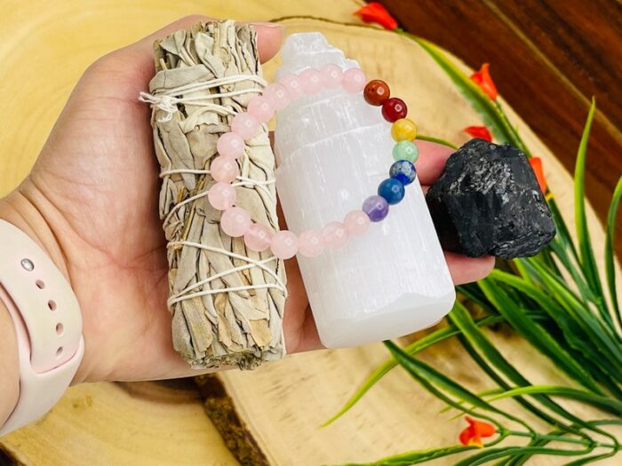 Smudge and Cleansing Kit, Set of Sage Smudge Bundle, Selenite Crystal Tower, Rose Quartz Bracelet & Raw Black Tourmaline Chunk, Healing Kit