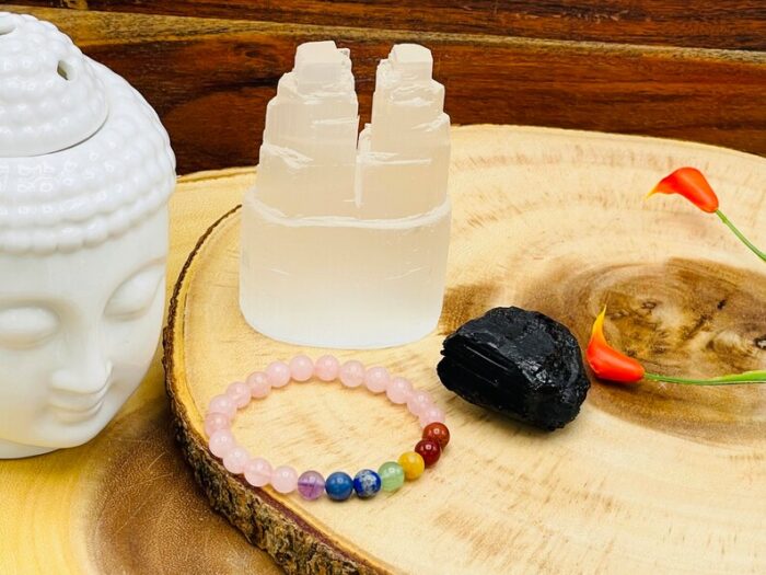 Smudge and Cleansing Kit, Selenite Crystal Twin Tower, Rose Quartz Bracelet & Raw Black Tourmaline Chunk, Healing and Wellness Kit