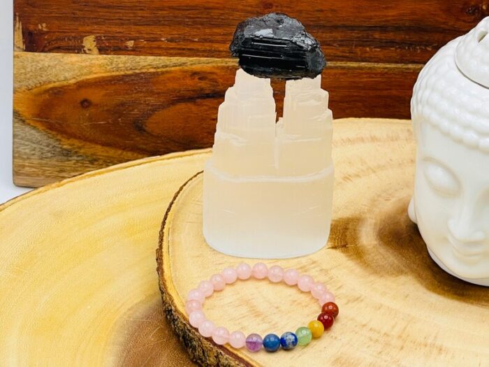 Smudge and Cleansing Kit, Selenite Crystal Twin Tower, Rose Quartz Bracelet & Raw Black Tourmaline Chunk, Healing and Wellness Kit