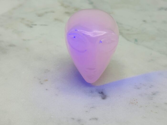 Rose Pink Mangano Florescent Calcite Alien Skull, Glow Under UV Light