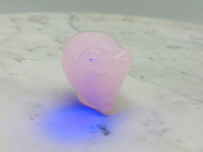 Rose Pink Mangano Florescent Calcite Alien Skull, Glow Under UV Light