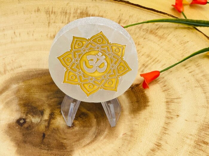 Polished Selenite Crystal Charging Station, Etched Round Charging Plate with OM Sign, 2.5 Inch