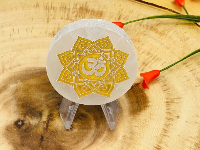 Polished Selenite Crystal Charging Station, Etched Round Charging Plate with OM Sign, 2.5 Inch