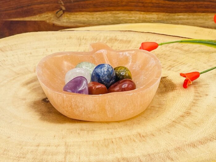 Selenite Crystal Charging Apple Shape Bowl with 7 Chakra Stones & Velvet Pouch, Selenite Crystal Cleansing Charging Station, 4 inch