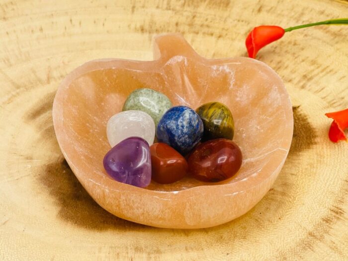 Selenite Crystal Charging Apple Shape Bowl with 7 Chakra Stones & Velvet Pouch, Selenite Crystal Cleansing Charging Station, 4 inch