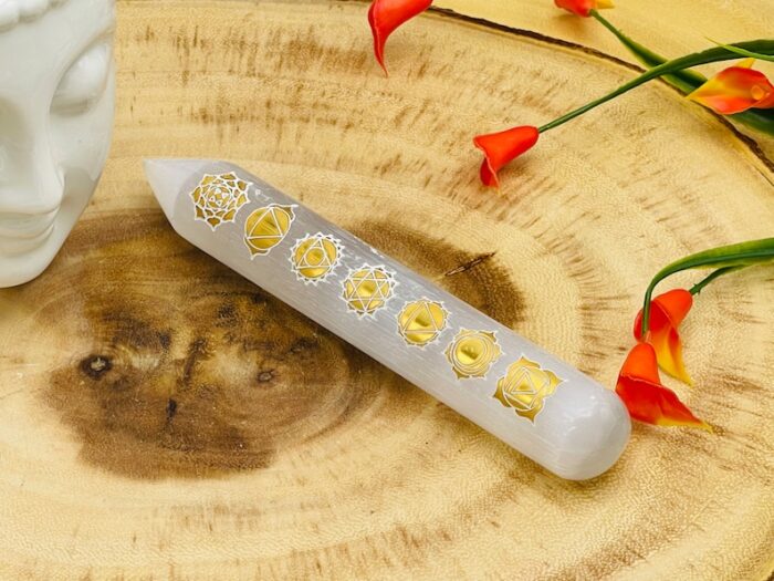 Polished Selenite Crystal Massage Pencil Wand Etched with Chakra Signs, Reiki Tool, Point Wand, 6 inch