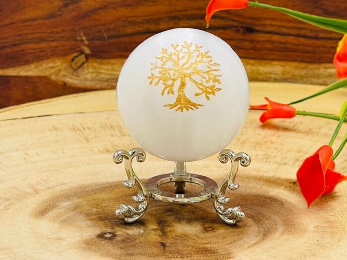 Selenite Crystal Sphere Etched with Tree of Life Design, Healing Crystal Satin Spar ball, 2" inch