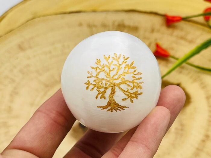 Selenite Crystal Sphere Etched with Tree of Life Design, Healing Crystal Satin Spar ball, 2" inch