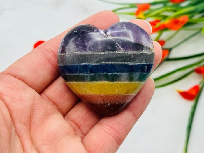 7 Chakra Bonded Heart Stone, Rainbow Heart Palm 2" inch