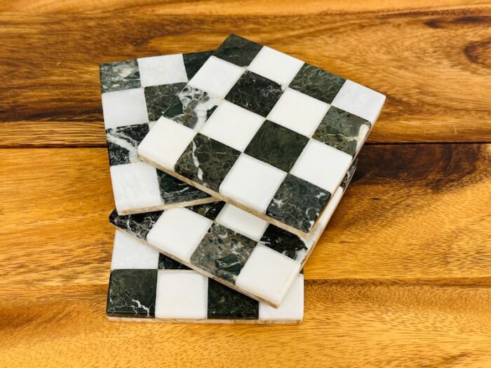 Marble Coaster Set of 4, Graphic Design Chequered Beermat, 4 x 4 Inch , Detergent Safe & Easy to Clean