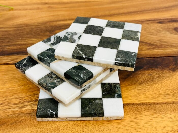 Marble Coaster Set of 4, Graphic Design Chequered Beermat, 4 x 4 Inch , Detergent Safe & Easy to Clean