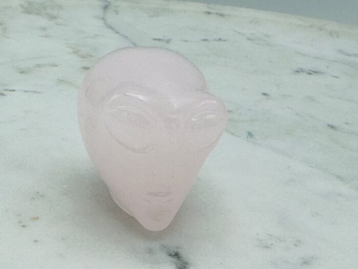 Rose Pink Mangano Florescent Calcite Alien Skull, Glow Under UV Light