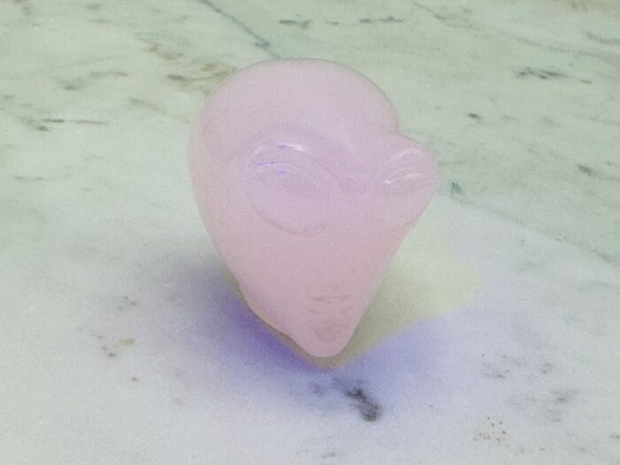 Rose Pink Mangano Florescent Calcite Alien Skull, Glow Under UV Light